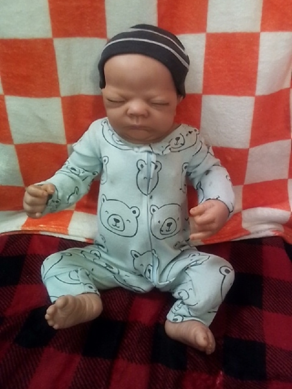 Charlie Life Like Baby Boy Doll In Mint Bear-Print Pjs with Black Striped Beanie